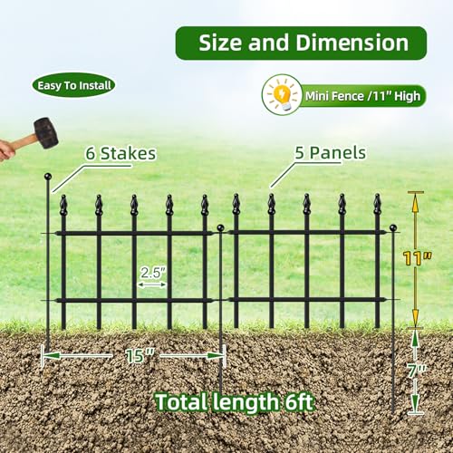 Decorative Metal Garden Fence 11" x 6', Small Fence Border with Stakes - size: 11″H x 6ft（5 Panels）