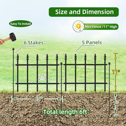 Decorative Metal Garden Fence 11" x 6', Small Fence Border with Stakes - size: 11″H x 6ft（5 Panels）