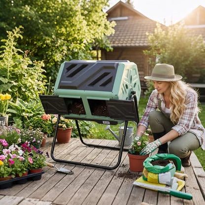 Werph 43 Gallon Outdoor Rotating Compost Bin, Dual Chamber, Green & Black - color: Green & Black