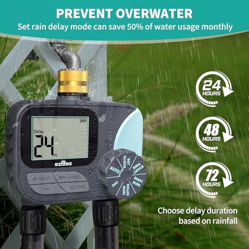 Sprinkler Timer, Water Timer for Garden Hose, Irrigation Timers Controller for Outdoor Plants Lawn, Hose Timers for Watering with Rain Delay/Manual/Automatic Watering System, Brass Inlet 2 Outlet