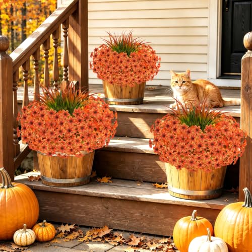 15 Pcs Fake Mums Artificial Fall Flowers for Outdoor Decorations, Orange