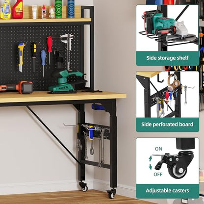 YITAHOME 60in Adjustable Workbench with Pegboard & Wheels 1600lb Load - size: 60" Workbench w/Pegboard