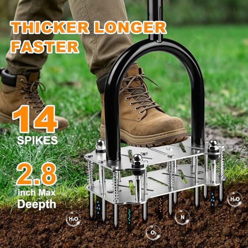 Manual Lawn Aerator Tool Heavy Duty Steel Spikes, Core Aerator with Spring-Loaded Automatic Soil Ejection, Dual-Height Adjustable Wide Foot Plate for Yard, Garden, Lawn Aeration - size: Stainless Steel C