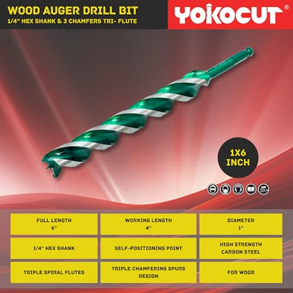 1" x 6" Auger Drill Bit, Hex Shank Tri-Flute Wood Drill Bits, Ship Auger Long Drill Bit for Soft and Hard Wood, Plastic, Drywall, Tree Stump and Composite Materials - size: 1 Inch, style: Length: 6"