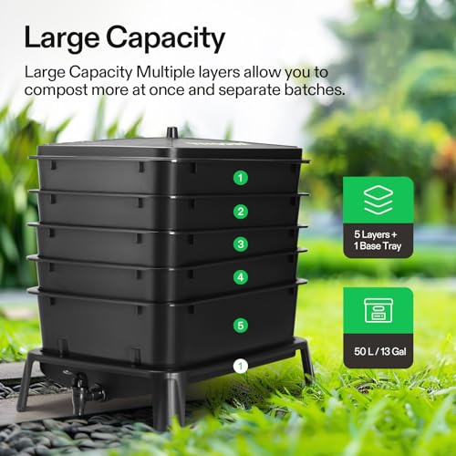 VIVOSUN 5-Layer Worm Compost Bin, 50L Worm Composter, Easy Setup Inclusive Worm Farm Kit for Recycling Food Waste - size: 5-Layer