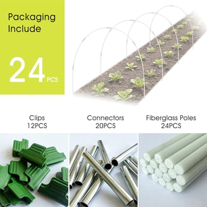 24 PCS Garden Hoops for Raised Beds, RIFNY Greenhouse Hoops Kit Long Grow Tunnel for Row Cover, Rust-Free Fiberglass Garden Support Poles for Insect Mesh Netting Freeze Plant Cover Frame - style: 24Pcs-White-0.24" Dia