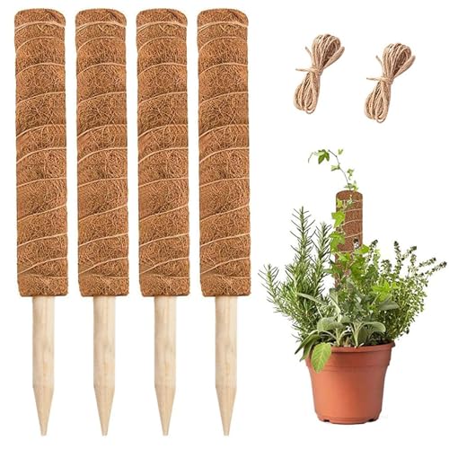YEAJON 4 Pcs 15.7 Inch Coir Moss Totem Pole Monstera Plant Support with 2 Pcs 32.8ft Jute Rope, Plant Stakes for Indoor Plants Climbing, Support Extension(4 Packs 15.7 Inch)