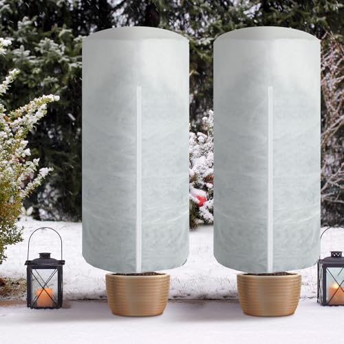 WILLBOND 2 Pcs 47 x 71 Inches Rounded Top Plant Covers Freeze Protection Frost Cloth with Zipper Drawstring Winter Cylindrical Frost Cloths Shrub Covers for Shrub Bush Fruit Tree Potted - size: 47 x 71 Inches