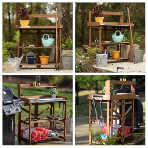 PetsCosset Folding Garden Potting Bench Table，Outdoor Wooden Work Station W/Metal Table Top,2 Tier Open Storage Rack,Top Shelf-Natural Stained