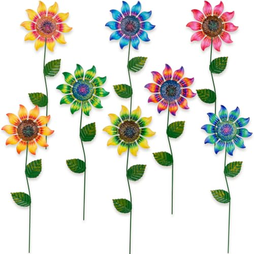 Metal Flowers Garden Stakes Outdoor Decor, 16 inch Shaking Flower Garden Yard Art, Weather Proof Flower Stakes for Yard Lawn Porch Pathway Patio Plant Pot Decorations - color: 8p-f