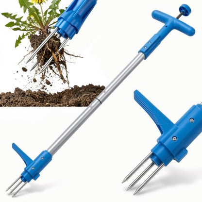 PASAMIC Stand Up Weed Puller Tool with Long Handle, 40In Weeding Tool with 3-Claw Steel Tip & Ejector Button, Royal Blue