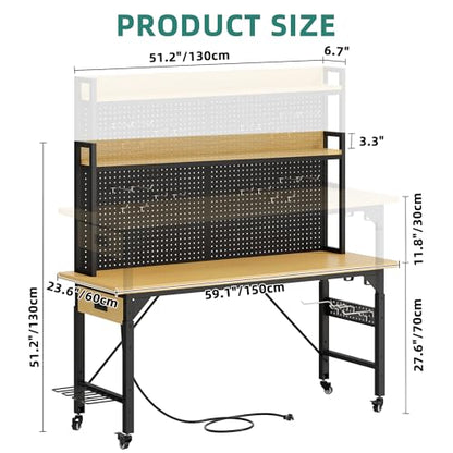 YITAHOME 60in Adjustable Workbench with Pegboard & Wheels 1600lb Load - size: 60" Workbench w/Pegboard