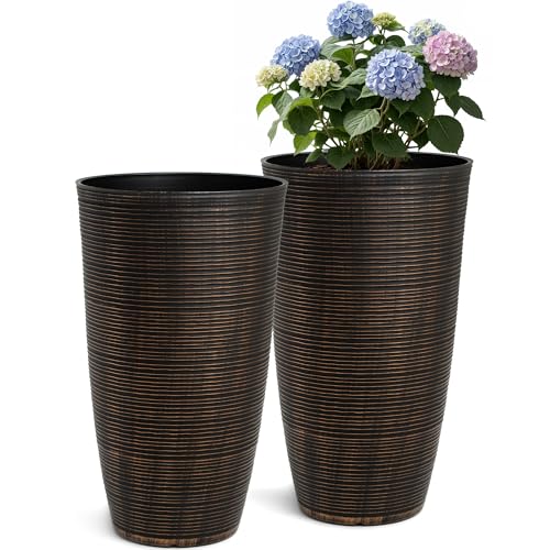 2-Pack 23.5" Bronze Plastic Tapered Planters with Vertical Stripes - color: 23.5" Pp-brushed Bronze