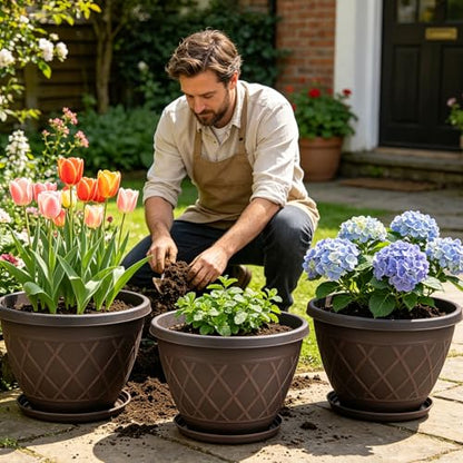 4 Pack 16 Inch Large Plastic Plant Pots with Drainage Holes & Saucers - size: 16 Inch - 4Pack