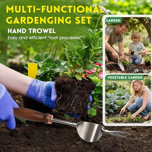 Garden Tools, 4 Pack Garden Shovel with Wooden Handles Hand Tools with Transplanting Hand Shovel, Rake and Root Picker Ideal for Digging and Planting