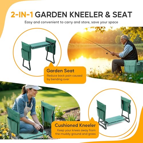 Garden Kneeler and Seat, Foldable Kneeling Stool with Thicker EVA Foam Pad, Heavy Duty Bench with Tool Pouch, Gifts for Outdoor Gardening, Fishing, Green, Arbor Day Gift