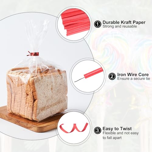 HARFINGTON 1000pcs Bag Twist Ties 3.5" Reusable Kraft Paper Twist Ties Wire Cable Ties for Party Bread Candy Cake, Red - color: Red, size: 3.5"