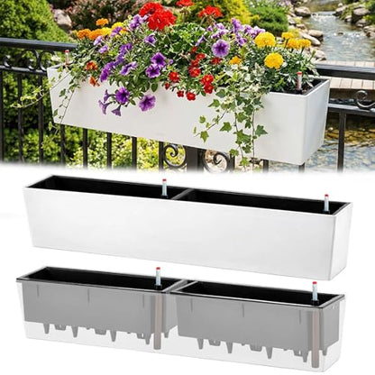 2 Pack Hanging Wall Planter Boxes 40" Large White Rectangular Flower Box with Window Bracket Self Watering System Railing Planter Outdoor Plant Pot Container Deck Rail Fence Balcony