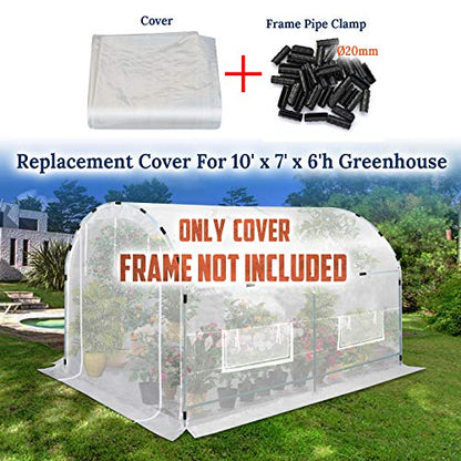 Greenhouse Replacement White Cover for Large Hot House , Support Arch Climbing Frame , Cover Comes in 3 Pieces, with ABS Clamps (Frame Does NOT Included) (10' x 7' x 6') - size: 10' x 7' x 6'