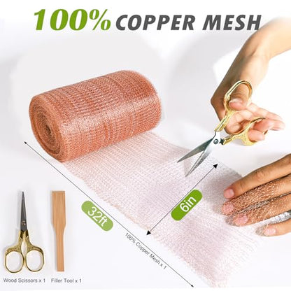 6" x 32 ft Copper Mesh Rodent Control Copper Wool for Slug Mice Snail Pest - size: 6 inx32 ft