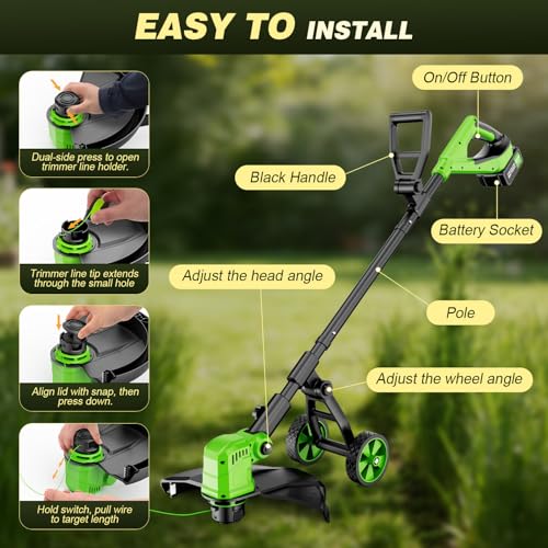 Cordless Weed Wacker with Wheels, 21V Battery Powered Weed Eater with 8 Spools & 2 Batteries, Lightweight Lawn Mower & Adjustable Grass Cutter Tools for Yard, Lawn Care