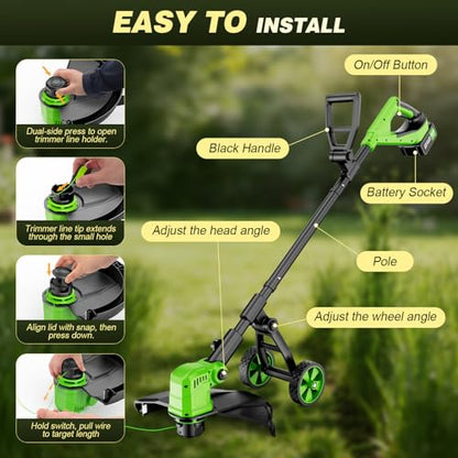 Cordless Weed Wacker with Wheels, 21V Battery Powered Weed Eater with 8 Spools & 2 Batteries, Lightweight Lawn Mower & Adjustable Grass Cutter Tools for Yard, Lawn Care