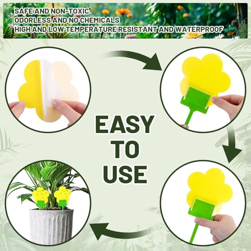 Qualirey 100 Pcs Fungus Gnat Sticky Traps Yellow Flower Shape for Plants