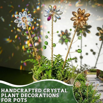 3 Pcs Crystal Sunflower Suncatchers Light Catcher 13'' Metal Stake Handmade