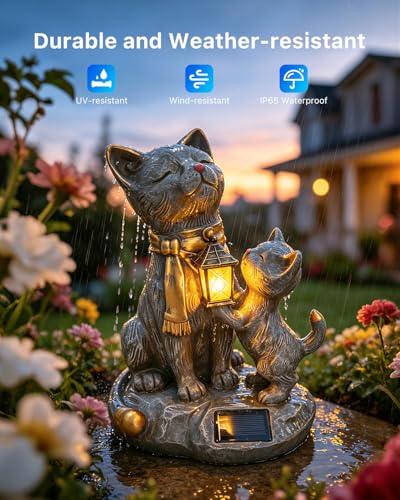 9.8" Solar Cat Resin Garden Statues Outdoor LED Light with Lantern