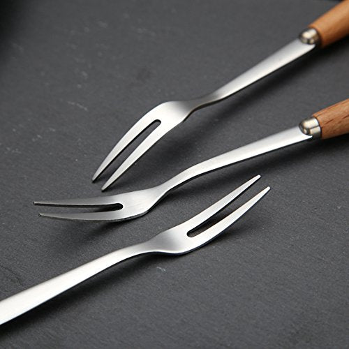 6 Pcs Wooden Handle Stainless Steel Two Prong Forks Fruit Cake Appetizer Forks