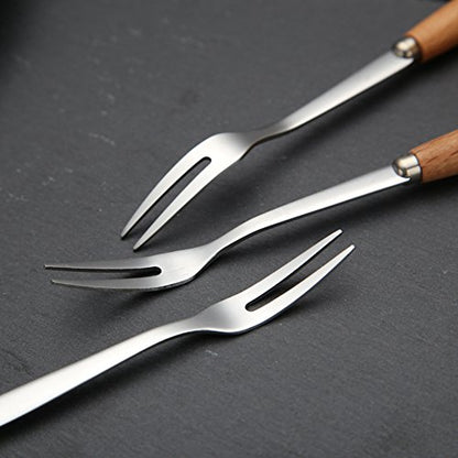 6 Pcs Wooden Handle Stainless Steel Two Prong Forks Fruit Cake Appetizer Forks