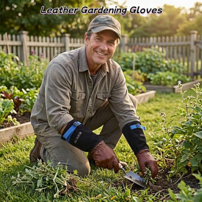 Cow Leather Adjustable Thorn Proof Gardening Gloves - color: Black-brown, size: Large