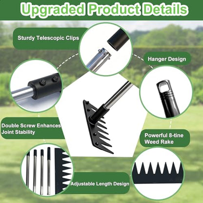 Weed Puller Tool Stainless Steel 8 Tines Manual Weeder Tool with Adjustable Length Handle, Weeder Rakes for for Yard, Patio, Lawn and Garden - size: 8 TINES