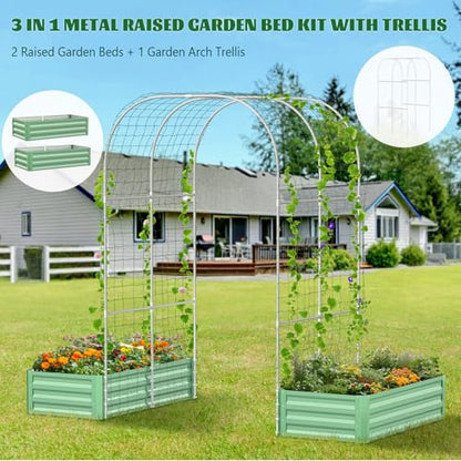 3 in 1 Galvanized Raised Garden Bed with 87" H Arch Trellis - color: Cyan Green, size: 47.3" Lx 24" Wx 12"H
