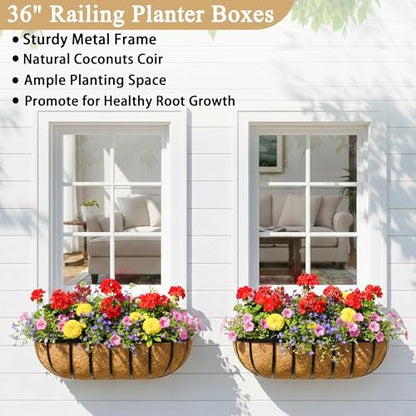 Window Box Railing Planter with Coco Liner 2 Pack 36 Inch Metal Hanging Flower Planter Deck Railing Planters Boxes for Balcony Outdoor Plants Fence Porch Patio - size: 36IN