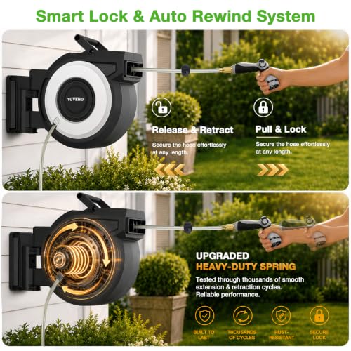 Tuyeho Heavy-Duty Automatic Retractable Garden Hose Reel 130FT Wall Mount - size: 1/2" 130FT