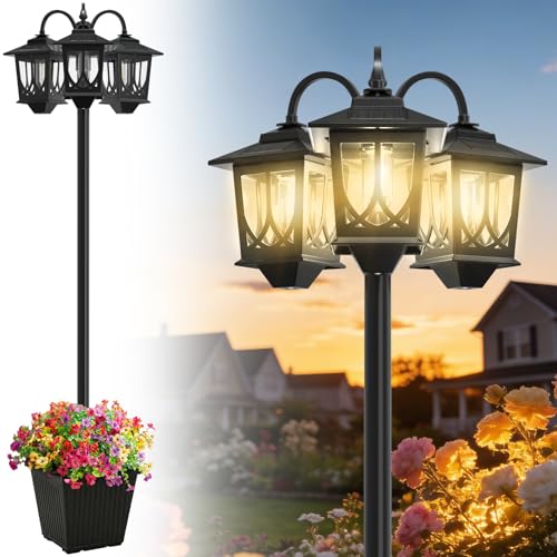 3-Head Solar Lamp Post with Planter, 74" Solar Lamp Post Light - size: Vintage Pattern