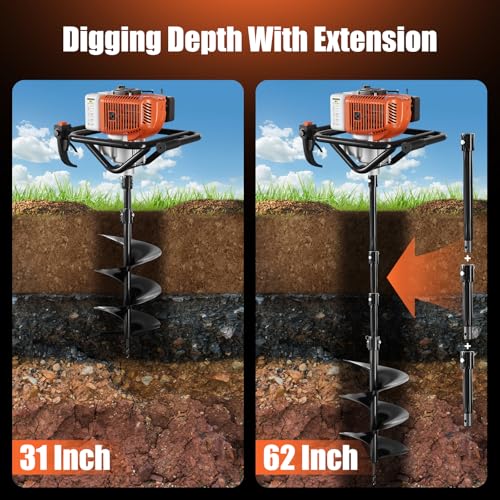 Baotree 72cc Gas Powered Post Hole Digger Earth Auger, 6" & 8" Bits, 2 Rods