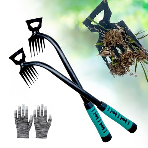2Pcs Weed Puller Tool- 6 Teeth Manganese Steel Gardening Hand Weeder Tools - color: Green