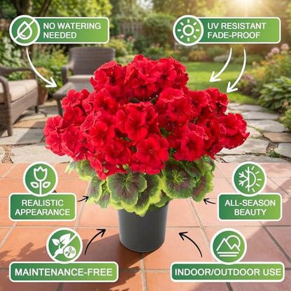 lovemoon 2 Pcs Geranium Potted Artificial Flowers, Red, 19" - color: Red