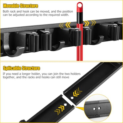 2 Pack Wall Mount Broom Holder with Sliding 3 & 4 Racks 4 Hooks，Mop Hanger