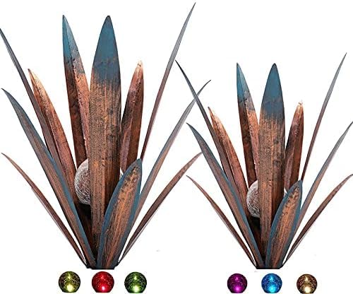 Metal Agave Plant Garden Art, 2 Pack Big Tequila Rustic Sculpture, Rustic Metal Agave Plants Lawn Home Ornaments, for Yard Stakes, Garden Figurines, Outdoor Patio (2 PCS Colorful with Light) - color: 2 Pcs Colorful With Light