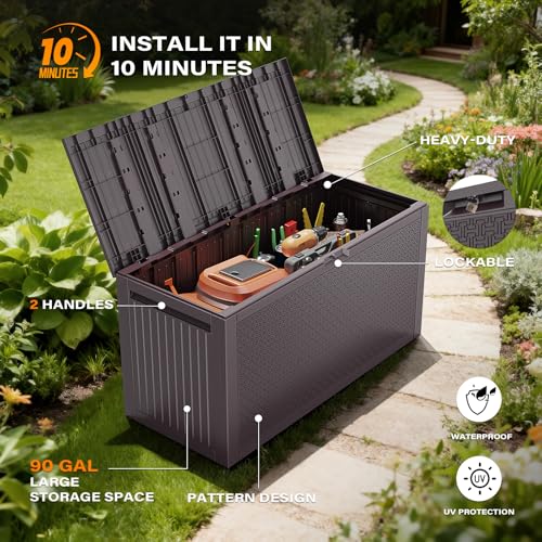 VINGLI 90 Gallon Lockable Durable Outdoor Storage Box, Brown - color: Brown