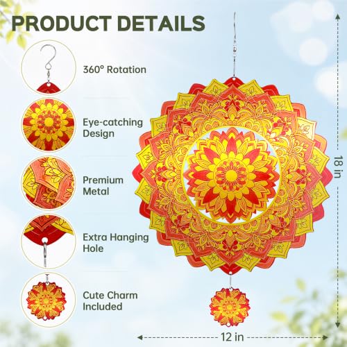 Mandala Wind Spinner 12 Inch, IDEA SHOW 3D Kinetic Metal Sun Wind Spinners for Yard and Garden, Stainless Steel Hanging Boho Outdoor Decor Art with Mini Pendant, Zen Gardening Gifts for Women - size: MandalaSunflower