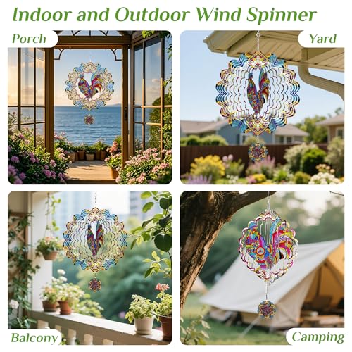 12 Inch Rooster Hanging Wind Spinners, 3D Kinetic Metal Wind Spinner - color: Red & Yellow
