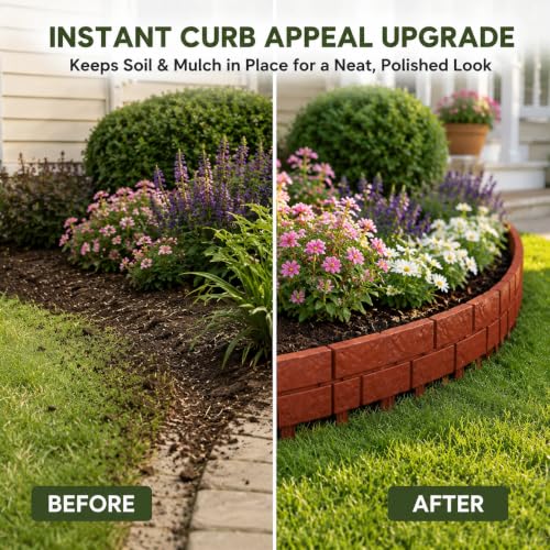 Interlocking Border Edging - Stone -Imitation Plastic Garden Fence, 4PC Landscape - for Garden, NO DIG,Lawn, and Landscape Edging,Flowerbeds, Yard, Sideway