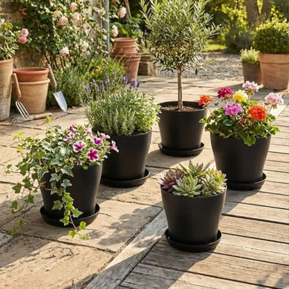 8inch Plant Pot with Large Drainage Holes &Saucer for Indoor Outdoor Plants - color: Black