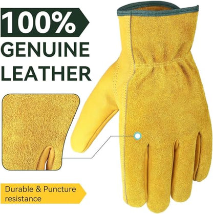 OZERO Cowhide Leather Work Gloves, Gardening, Flex Grip, 3 Pairs, Gold, XL - color: Gold(3 Pair), size: X-Large