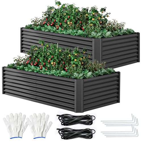 DWVO 2pcs 8 x 4 x 1.5 FT Raised Garden Bed Kit, Outdoor Galvanized Flower Bed with Safety Rubber and Gloves, Large Metal Planter Box for Vegetables, Flowers, Herbs, Fruits, Black - color: Black, size: 8x4x1.5ft 2pcs