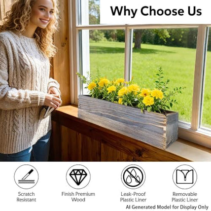 Wood Window Box Planter, 2 Pcs Planter Boxes with Removable Plastic Liners